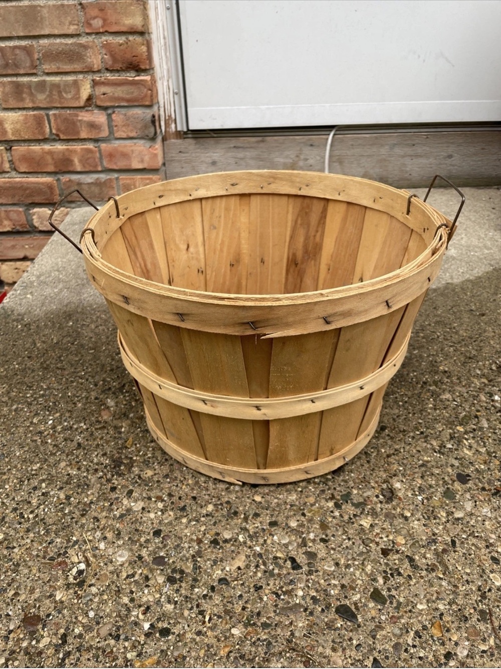 Vintage Wooden Bushel Basket Metal Handles Primitive Slat construction Country
